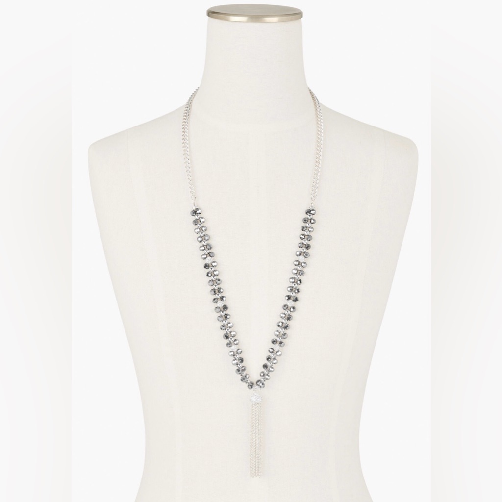 Talbots Silver Faceted Glass Cubic Zirconia Bead Cluster Tassel Pendant Necklace